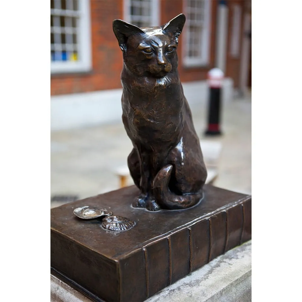A statue of Hodge, a black cat owned by famous 18th century writer Samuel Johnson, outside of the home they shared together in London